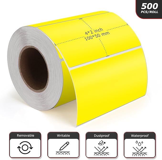 Meitaat Yellow Rectangle Stickers 4 x 2 Inch Color Coding Labels Vinyl Roll Self-Adhesive Waterproof Removable 500 PCS