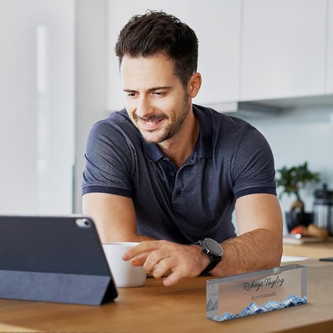 Personalized Office Desk Name Plate on Acrylic Glass - Custom Nameplate Decor, Accessories - Gift for Boss, Coworkers (Watercolor Flowers)