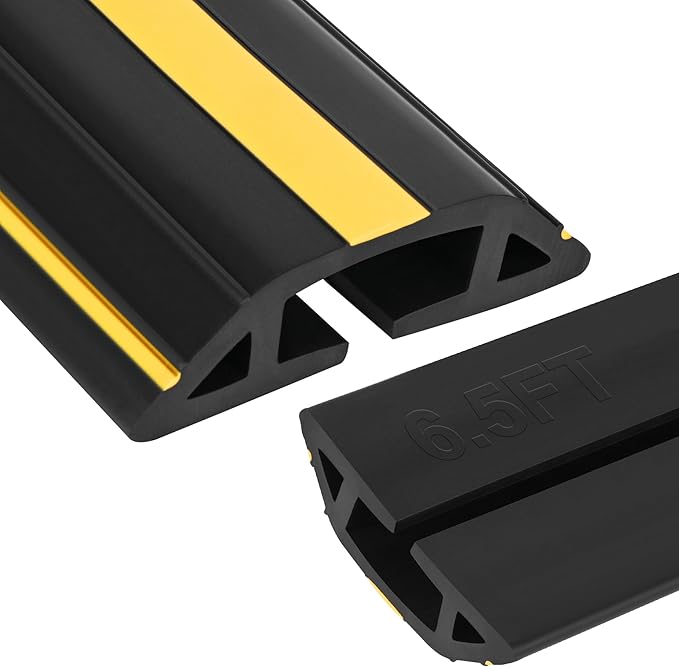 6.5Ft Cord Covers for Wires on Floor, 3-Channel Heavy Duty Floor Cord Cover with Anti-Slip Base & Yellow Warning Strips, Extension Cord Covers for Floor, Ideal for Home, Office, Outdoor Use