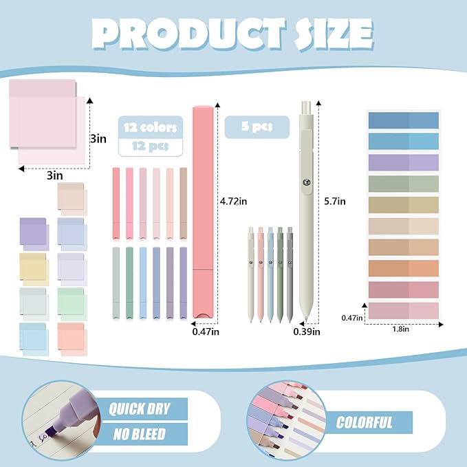 Jutom 39 Pcs Aesthetic Book Annotation Kit Highlighter with Pencil Case Bag Gel Pen Transparent Sticky Note Taking Bible Study College School Supplies (Green,Cute Style)