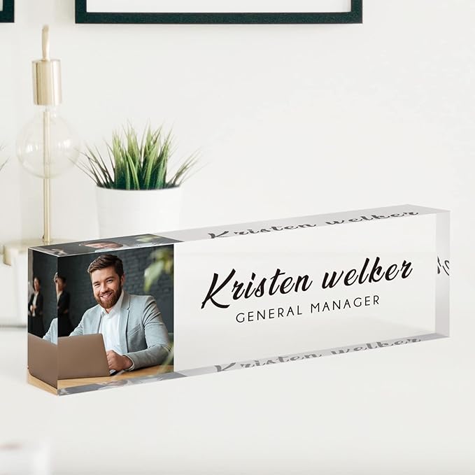 Desk Name Plate Personalized, Custom Name Plates for Desks, Office Desk Decor, Clear Acrylic Glass Block with Photo, Personalized Office Gifts for Women Men Coworkers Boss Teachers, Appreciation Gifts