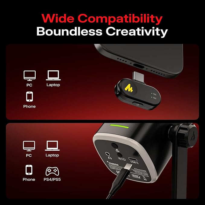 MAONO PD100W Wireless/USB Microphone, PC Gaming Mic with One-Click Noise Reduction,Mute Button,Custom RGB, 3.5mm Headphone Jack, Desktop Dynamic Streaming Mic for Recording,Podcasting, Black