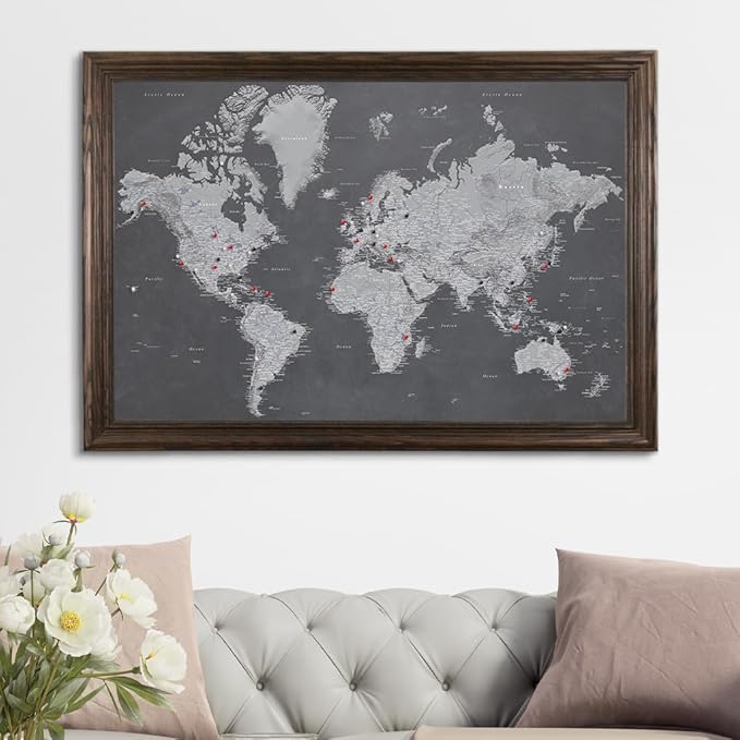 Push Pin Travel Maps - Stormy Dreams World - Solid Wood Brown Framed Pin Map for Tracking Your Travels - 27.5" x 39.5" - 8 Handcrafted Frame Options - Made in USA - Ideal for Any Traveler