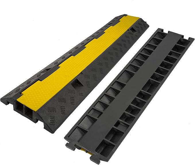 CXRCY Cable Ramp 4 Pack 2 Channel 11000lbs axle Capacity Floor Cable Cord Protector, Black & Yellow Speed Bumps Hose Protector Ramps for Wire/Hose/Pipe Hider Driveway &Outdoor 40x10x2 inch(L x W x H)