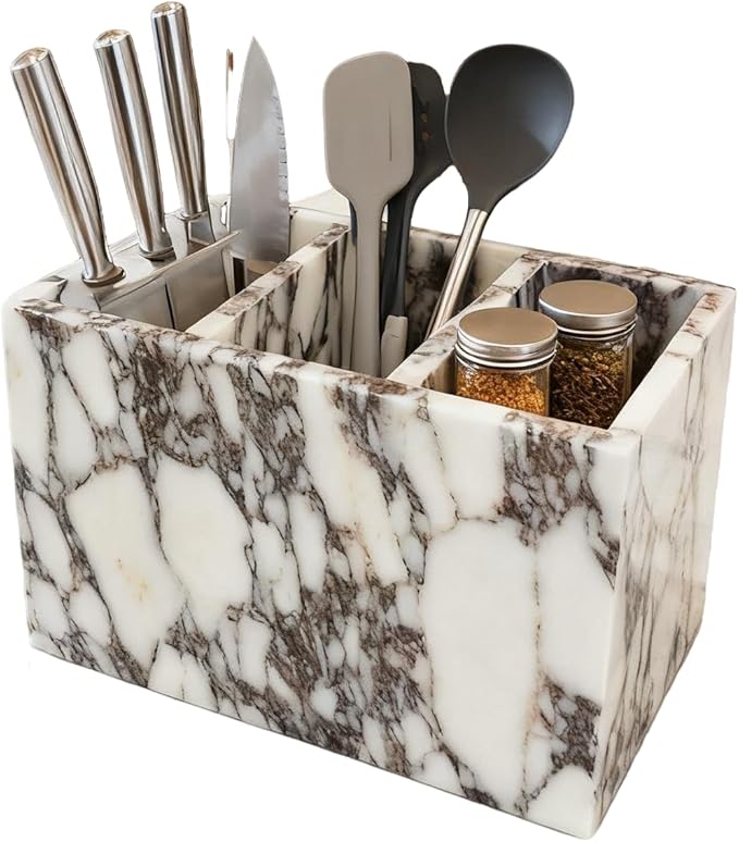 Natural Marble 3-Tier Organizer Box - Multi-Purpose Desktop Storage for Office Supplies, Kitchen Utensils, Makeup Brushes & Bathroom Essentials
