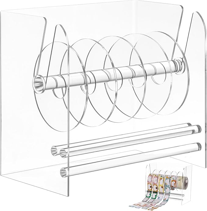 Clear Label Roll Holder, Transparent Acrylic Tape Dispenser, Adjustable Desktop Sticker Roll Holder for Office and Home, Adjustable Sticker Roll Holder with 5 Removable Divider Disks