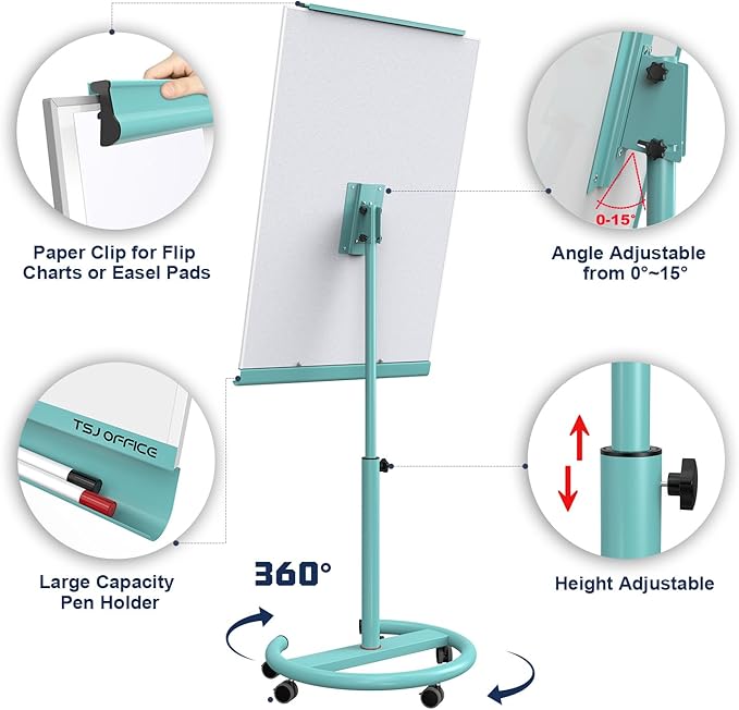 TSJ OFFICE Mobile Whiteboard Magnetic - 40 x 26 Inches Dry Erase Board on Wheel with Stand Flipchart Easel Height Adjustable,Light Blue