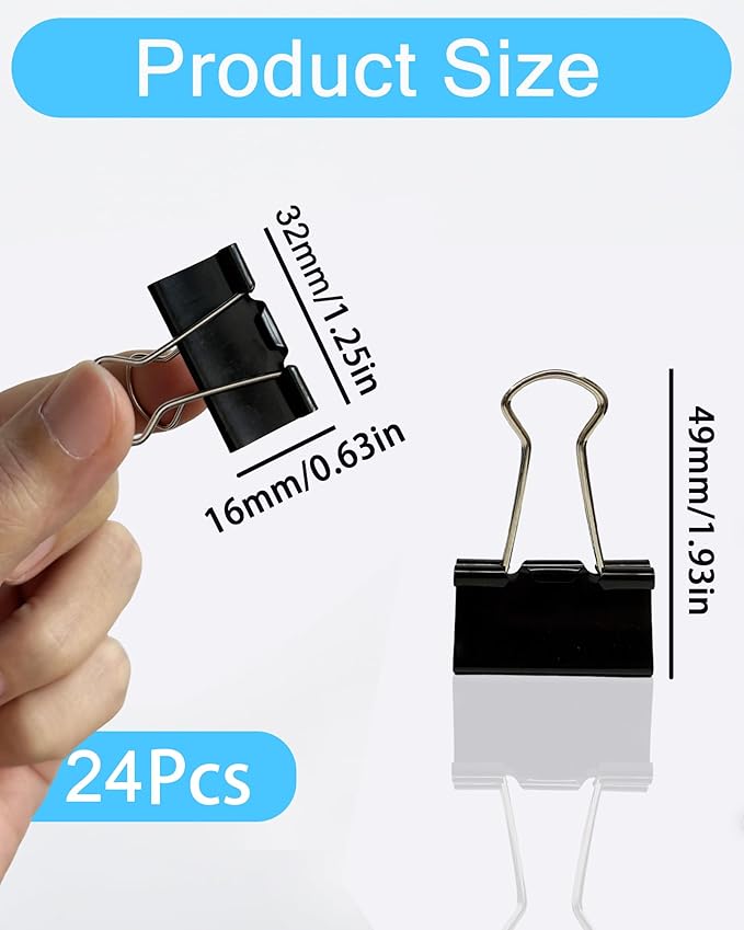 Konilaomu 24Pcs Binder Clips 1.25in Reusable Paper Clamps Clips Binder Paper Clips for Office Supplies, Document Storage, Study Room, School (Black)