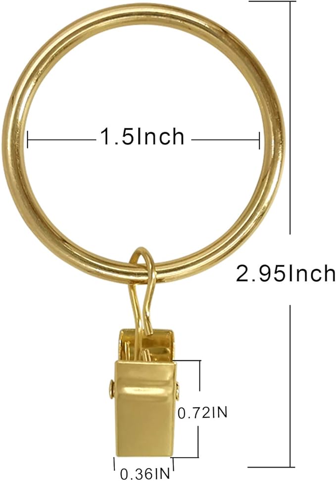 LLPJS 20 Pack Metal Curtain Rings with Clips, Curtain Clip Rings Hooks for Hanging Drapery Drapes Bows, Curtain Rod Rings 1.5 inch Interior Diameter, Gold