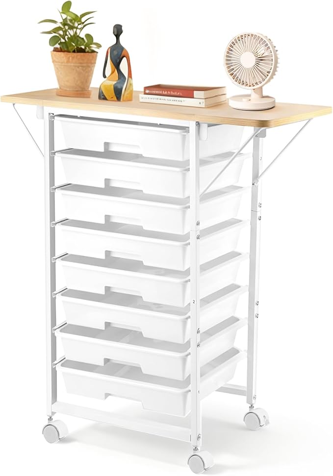Rolling Storage Cart with Drawers,Craft Storage Cabinet with 8 Drawers and Wooden Tabletop,Utility Cart with Foldable dual side panels & Wheels for Classroom,Bedroom,Bathroom,Dorm,Office,Kitchen,White