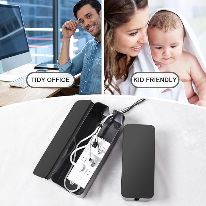 Cable Management Box, 2 Pack Large & Medium Cable Organizer Box with 17 PCS Cable Management Set, Cord Organizer Box to Hide Surge Protector on Desk or Floor (Black)