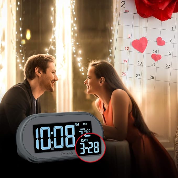 DreamSky Alarm Clocks for Bedrooms, Auto Set Digital Desk Clock for Bedside Nightstand, Electric Clock with Dimmable Brightness Dimmer, Auto DST, USB Port, Date, Temperature, Snooze