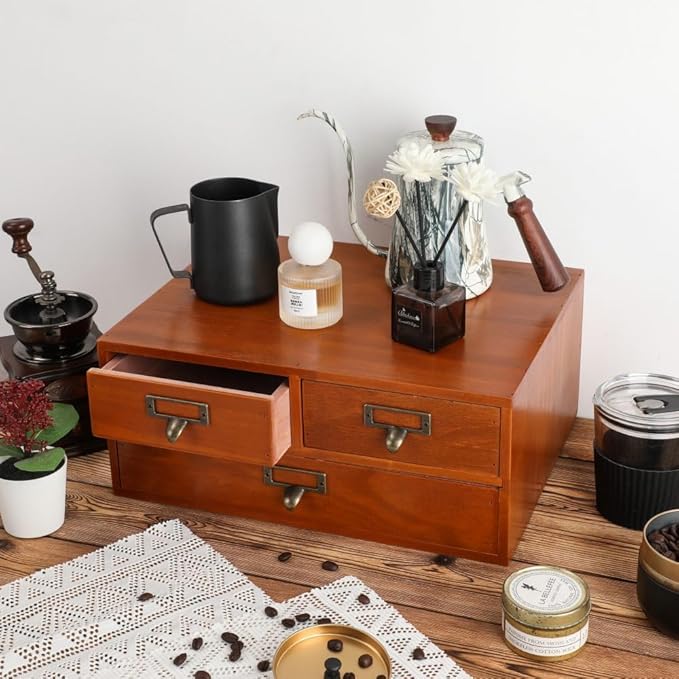 Wooden Storage Box Countertop Drawers Vintage Wooden Drawers Apothecary Cabinet Wood Desktop Organizer Box Library Card Catalog Cabinet（BROWN03）