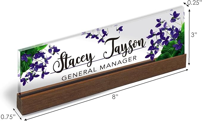 Artblox Personalized Office Desk Name Plate and Business Card Holder | Clear Acrylic Glass with Teak Wood Stand | Violets Flowers Design Customized with Your Name and Credentials Office Desk Décor