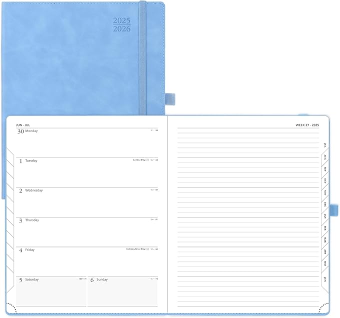 POPRUN Weekly Planner 2025-2026 (Large 8.5''x 10.5'') Academic Calendar (JUL.25 - JUN.26) Appointment Book with Monthly Tabs, Leather Soft Cover, Inner Pocket, 100 GSM - Cerulean Blue