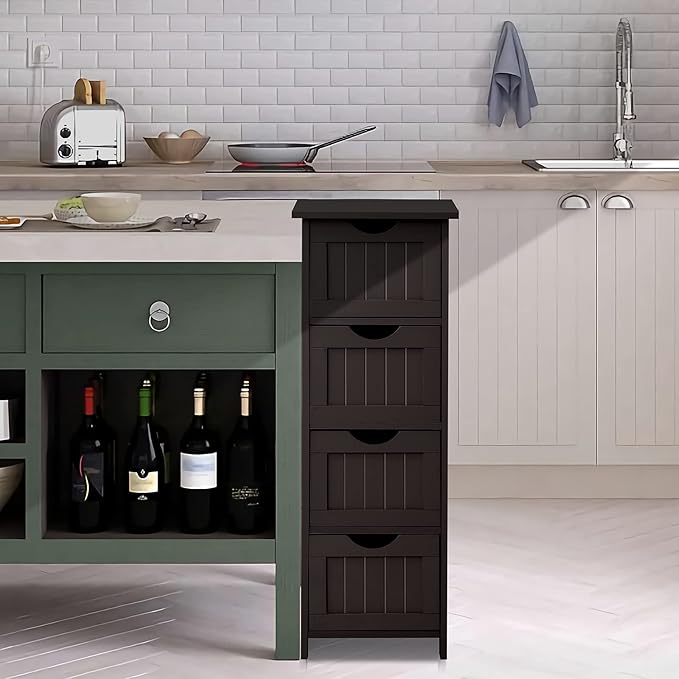 VINGLI Espresso Bathroom Storage Cabinet with 4 Drawers Wooden Freestanding Slim Bathroom Floor Cabinet Small Side Organizer Storage Unit for Restroom Livng Room Kitchen Office Hallway Entryway