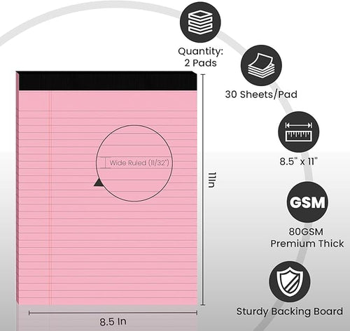 2pcs Legal Pads 8.5 x 11,Notepads 8.5 x 11 Inch, 30 Sheets/Pack, Pink Note Pads Clear Print Writing Pads of Paper, Perforate Wide Ruled Lined with Sturdy Back for Office, Business & School Supplies