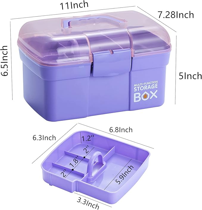 11'' Plastic Box Organizer with Removable Tray, Sewing Box Organizer (Purple)