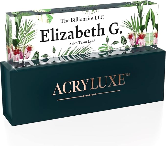 Desk Name Plate Personalized, Custom Name Plates 2½/x8 Inches, Thick Crystal-Clear Acrylic, Gift Box, Office Desk Decor. USA Made by ACRYLUXE (Garden)