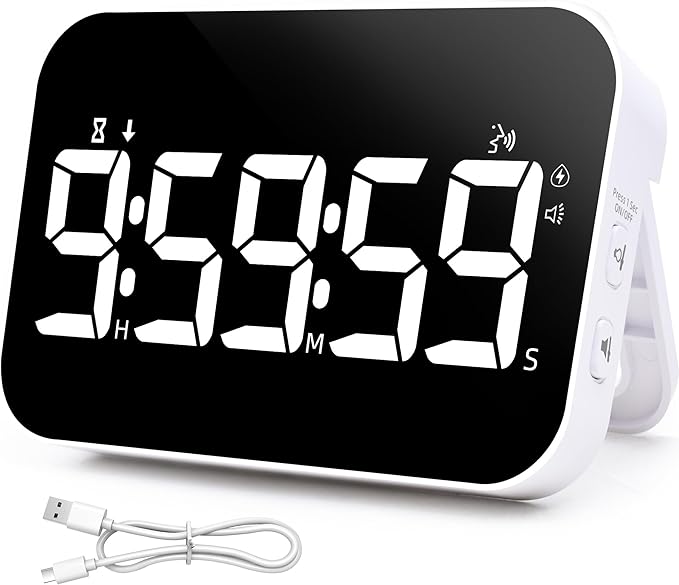 TXL Kitchen Timer for Cooking, Rechargeable Digital Magnetic Timer with Large LED Display, Loud Alarm, Sound Countdown, 4 Volume Levels and 3 Brightness for Classroom, Study (White)