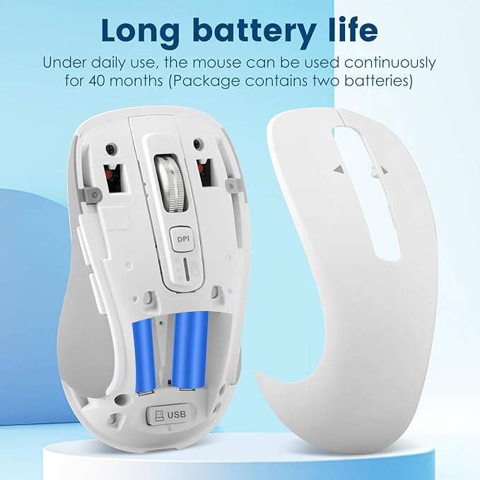 Wireless Bluetooth Mouse (USB + BT1 + BT2), Full Size, 4-Way Scrolling, Multi-Device Silent Mouse for Computer, Laptop, iPad, MacBook (White)