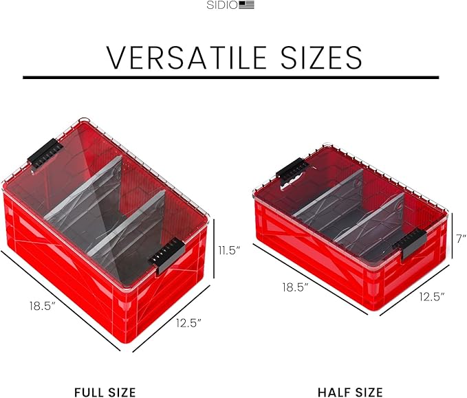 SIDIO CRATE Pro Pack - Two Full Size and One Half Size SidioCrate, Stackable Outdoor Organizer Storage Bins with Clear Lid and Dividers