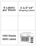 3-1/3" x 4" Shipping Labels,Printable White 6 UP Label for Laser/Inkjet Printers,Self Adhesive 3 1/3 x 4 Matte Mailing Label Stickers(1000 Sheets, 6000 Labels)