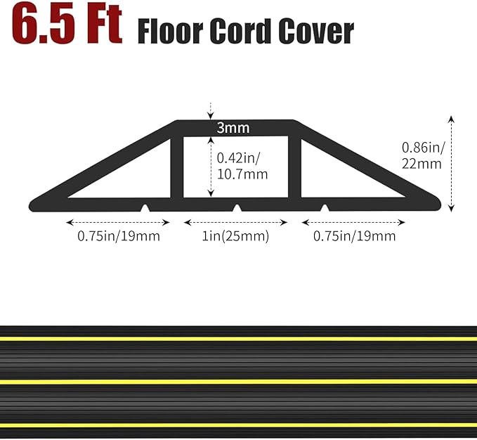 6 FT Floor Cable Cover, Cord Covers for Wires on Floor, Heavy Duty PVC Duct Extension Wire Covers, 3 Channels Cord Hider Floor Cable Management for Indoor Outdoor, Black