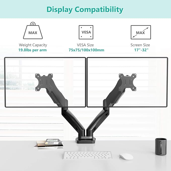 WALI Dual Monitor Stand for 17-32 inch Screens, Dual Monitor Arms for 2 Monitors Holds up to 19.8 lbs, Adjustable Gas Spring Dual Monitors Mount, VESA 75x75/100x100mm (GSMP002), Black