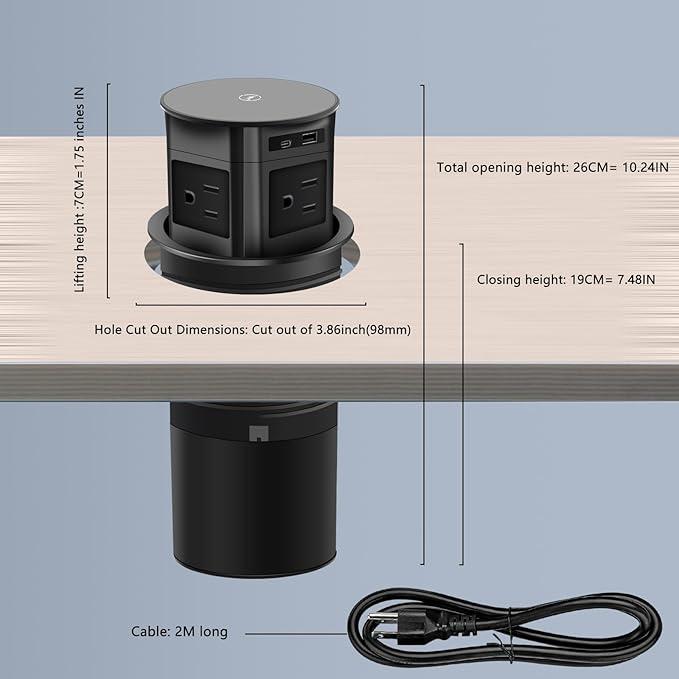 Pop Up Outlet; 15W Wireless Charger, 4 Outlets 1875W USB-A/C PD20W Super Charging 6.5FT 16AWG Cable 3.86 inch Desk Hole Pop Up Power Outlet for Kitchen Countertop,Office Table (Black)