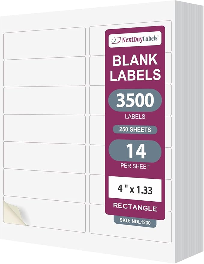 NextDayLabels 4x1.33 Inch Rectangle Stickers White Blank Labels for Laser Inkjet Printer - 14 Per Sheet Self-Adhesive Address Mailing Barcode Made in USA - 3500 Labels