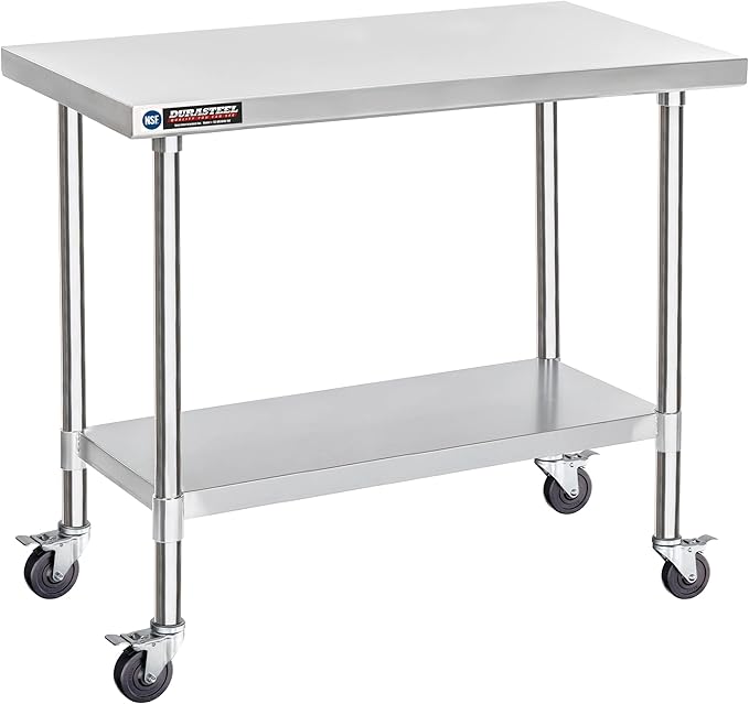 DuraSteel 30x48 NSF Stainless Steel Cart - Heavy Duty Food Prep Table with Undershelf - Rolling Kitchen Island on Wheels for Commercial Restaurant Kitchen, Garage, Outdoor Cooking, BBQ Grill, Counter