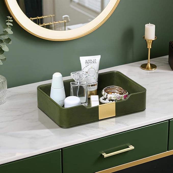 10.2" x 6.7" Nightstand Organizer Tray with Gold Accent, Decorative Valet Trays Cologne Organizer for Men, Key Bowl Perfume Trinket Tray for Dresser Bedside Entryway Table (Dark Green)