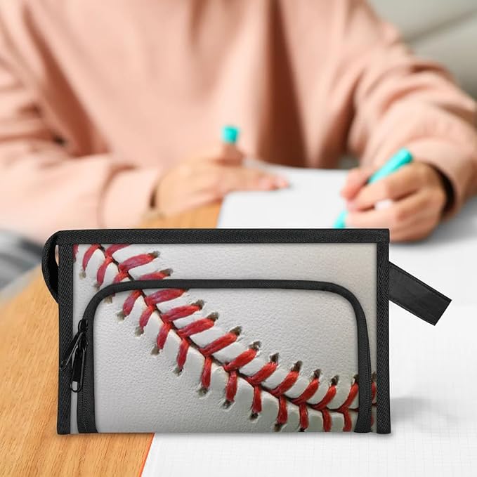 Large Capacity Pencil Case Pouch, Baseball Laces Portable Zipper Pencil Cases Pencil Bag Office Stationery Bag Makeup Bag Desk Organizer for Women Men