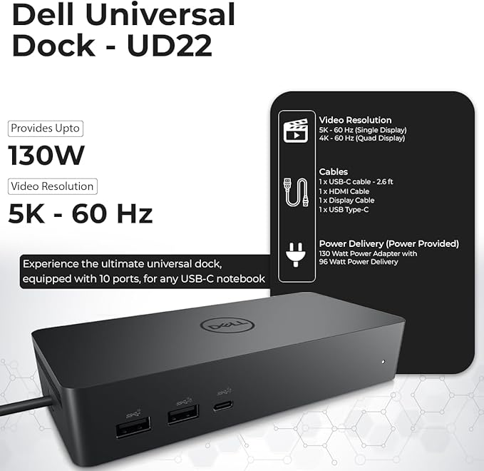 UD22 Dell Docking Station Dual Monitor Bundle - USB-C/USB-A Universal Dell Dock for Laptops Comes with 130W Adapter + ANYHDD HDMI, DisplayPort, USB-C Cables & Cloth - Supports Dual/Triple/4 Monitors