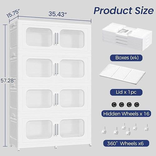 200GAL Extra Large Storage Bins with Lid, 800QT Storage Bins with Wheels, Folding Closet Organizer, Stackable Collapsible Plastic Storage Containers for Home, Office, Kitchen, 4Pack White