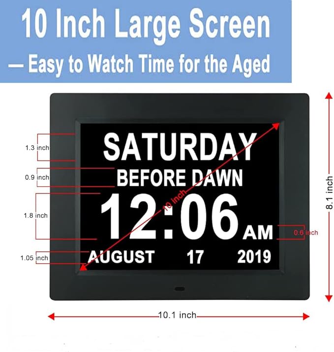 Aowasi [Upgraded 10 Inch] Digital Day Calendar Clock Auto-Diming & 8 Alarms Options Extra Large Date Time Non-Abbreviations Dementia Impaired Vision Senior Clocks for Memory Loss Alzheimer Elderly