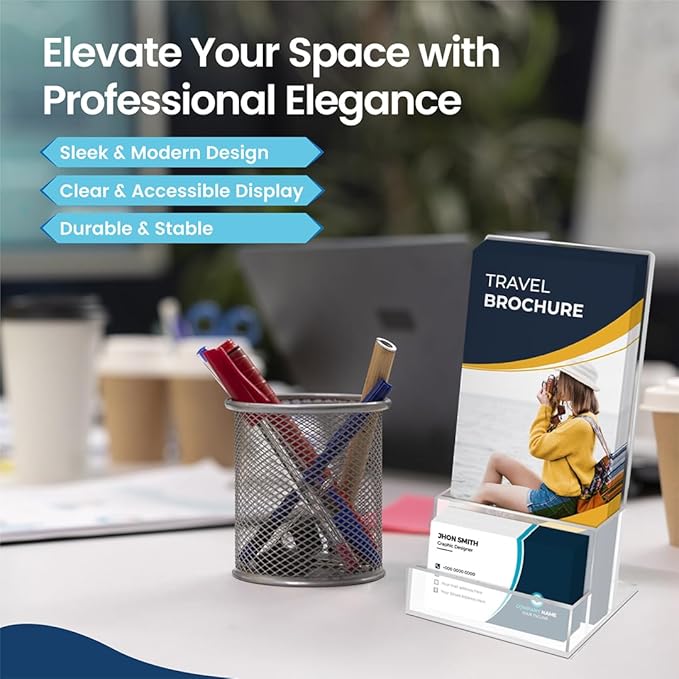 6 Pack Acrylic Brochure Holder 4‘’, Clear brochure and business card holder, Plastic Flyer Display Stand for Magazine, Pamphlet, Booklets, Menu, Journals, Business Card