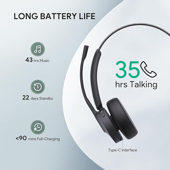 Yealink BH70 Mono UC Wireless Bluetooth Headset with Microphone for Work, up to 35h Talking Battery Life, 3-Mic Noise Cancellation, 91g Lightweight Work Headsets for Open Office, USB-C to A