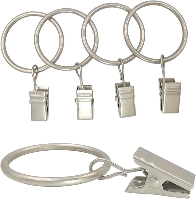 AMZSEVEN 40 Pack Curtain Rings with Clips, Drapery Clips with Rings, Drapes Rings 1.26 in Interior Diameter, Fits up to 1 in Curtain Rod, Matte Silver