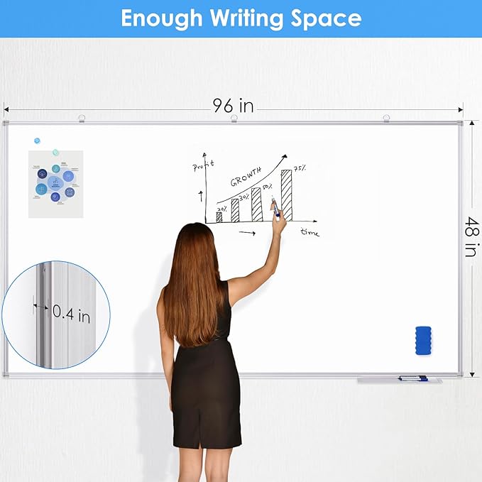 Large Dry Erase Board 96 x 48 Inch, maxtek Magnetic White Board Dry Erase for Wall 8' x 4' Wall-Mounted Aluminum Frame Presentation Marker Board with a Long Pen Tray for Classroom, Office & Home