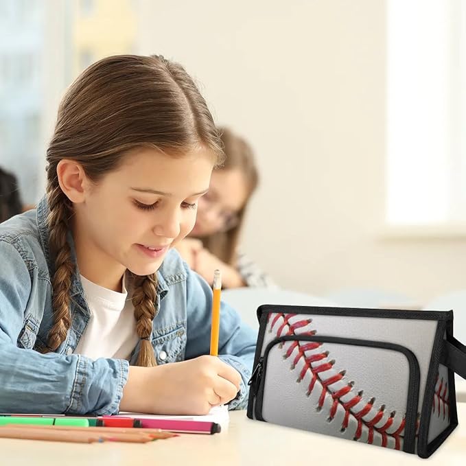 Large Capacity Pencil Case Pouch, Baseball Laces Portable Zipper Pencil Cases Pencil Bag Office Stationery Bag Makeup Bag Desk Organizer for Women Men