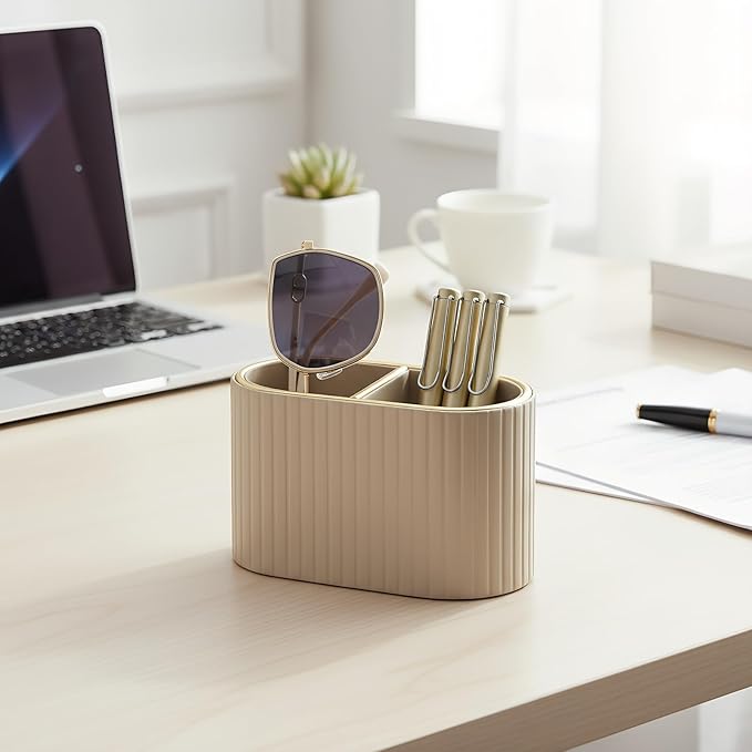 KINGFOM PU Leather Desk Organizer Pen Holder – Dual-Compartment Stylish Pencil Cup Remote Control Holder Desktop Supplies and Accessories Organizer Caddy for Office Home School (Mocha Beige)