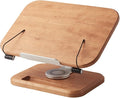Book Stand for Reading, Mayhas Adjustable Book Holder with 360° Swivel Base&Page Clips, Foldable Desktop Stand for Cookbook, Fits All Books (Cherry Wood, Wood Base)