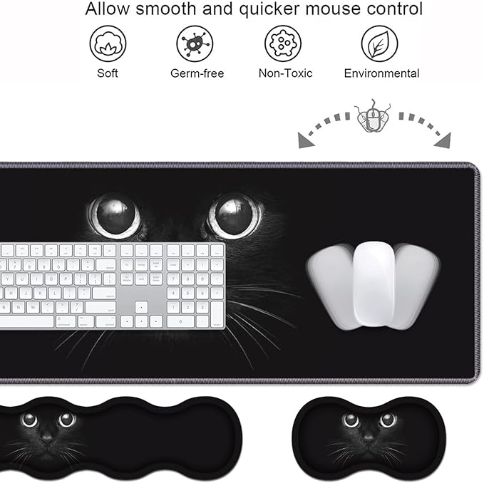 Ergonomic Keyboard Wrist Rest & Mouse Pad Wrist Rest Set, Large XXL Gaming Desk Mat 31.5"x 11.8" with Memory Foam, Easy Typing Pain Relief for Office & Home, Cute Black Cat Face