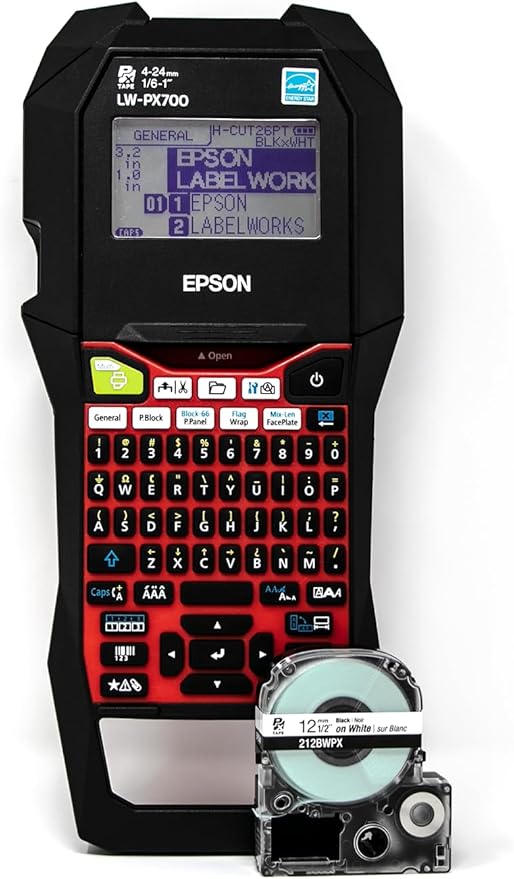 Epson LABELWORKS LW-PX700 Industrial Label Maker Kit & 212IBYPX Genuine PET (Polyester) Tape Cartridge - Black on Yellow Label Maker Tape, Strong Adhesive - 1/2" (12MM) Wide, 30'