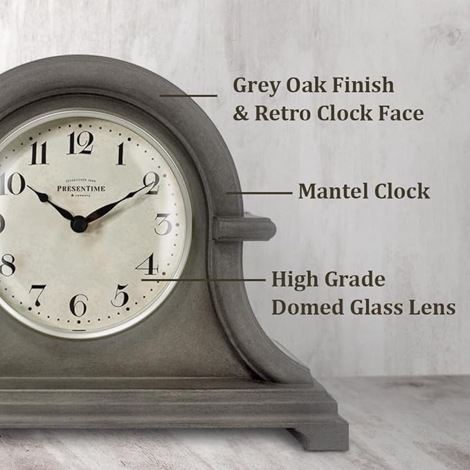 Presentime & Co. Mantel Clock Vintage Farmhouse Series, Napoleon Desk & Shelf Clock, 13 x 10 inch, Domed Lens, Quartz Movement, ABS Plastic Case, Gray Oak Finish (Home/Tabletop Decoration)