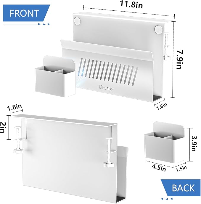 Litwaro Desk Side Storage, No Drill Laptop Holder with Magnetic Pen Holder, Under Desk Laptop Mount with Sticky Headphone Holder, Hanging Desks Organizer Fits Flat Edges 0.4" to 2" (White)