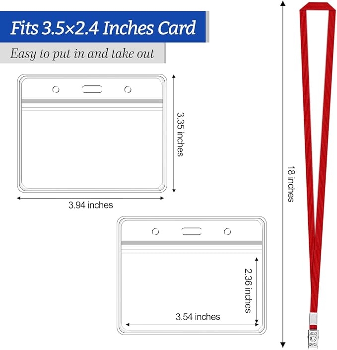 100 Pcs Clear Horizontal Badge Id Card and 100 Pcs Lanyard, Reusable Lanyards for Id Badge Holder Name Tag Badge Holder with Lanyards for Adults Kids Business School Conferences (Red)
