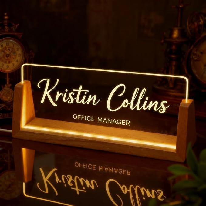 Personalized LED Name Plate for Desk, Light Up Acrylic Office Decor Desk Name Plate with Wooden Base, Custom Name Logo Quote, Appreciation Gifts for Boss Coworkers Employee Women Men (Signature)